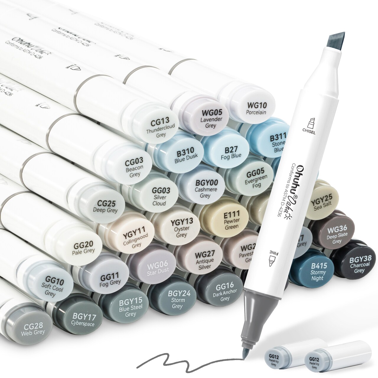 Ohuhu Alcohol Markers Gray Tone- Double Tipped Alcohol Based Art Marker Set for Artist Adults Coloring Shading Layering- 36 Grayscale Colors- Chisel & Fine- Oahu of Ohuhu Markers- Refillable